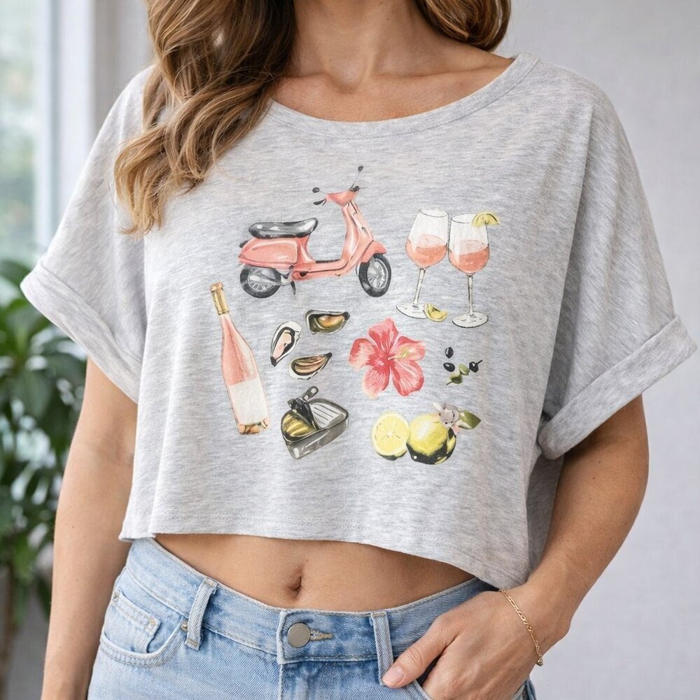 Ardene Cropped Graphic Tee XL NWT Gray Wine Scooter Summer Top